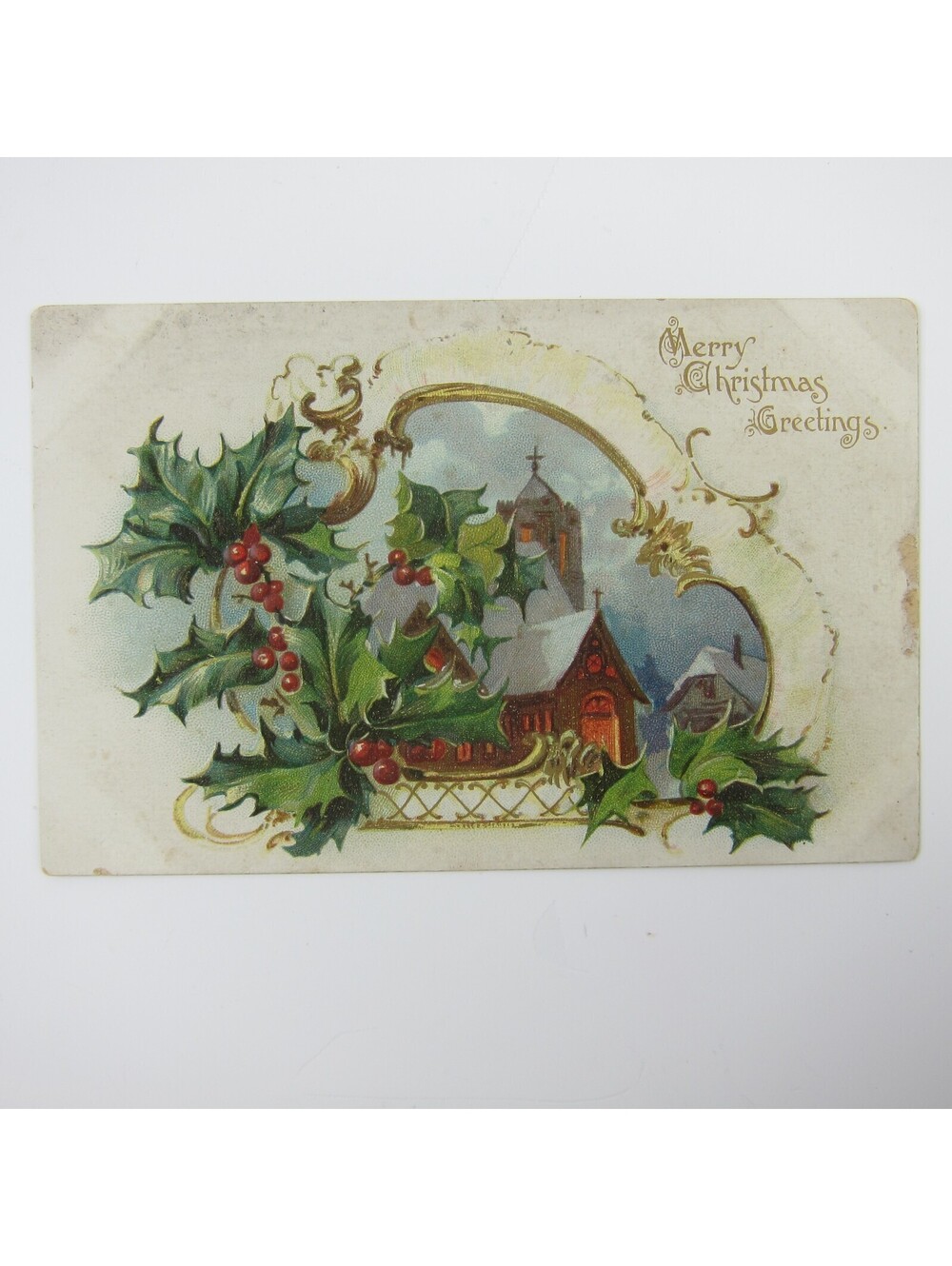 Christmas Postcard Church Raphael Tuck & Sons Holly Series Gold Embossed Antique